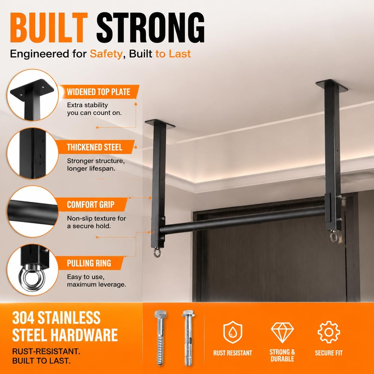 Ceiling Mounted Pull Up Bar, Heavy Duty 700 LBS Multi Grip Pull Up Bars, 16"/24" Rafter Chin Up Bar, Ceiling Joist for Garage/Gym/Basement with Comfortable Grip & Round Anchors, Easy to Install - Image 4