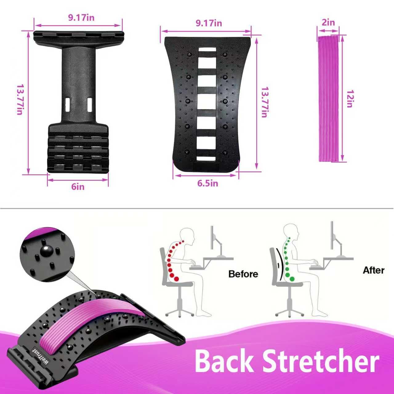 Back Stretcher - 4-Level Adjustable Lumbar Support Board & Back Cracker for Lower Back Pain Relief, Home Office Use (Pink) - Image 4