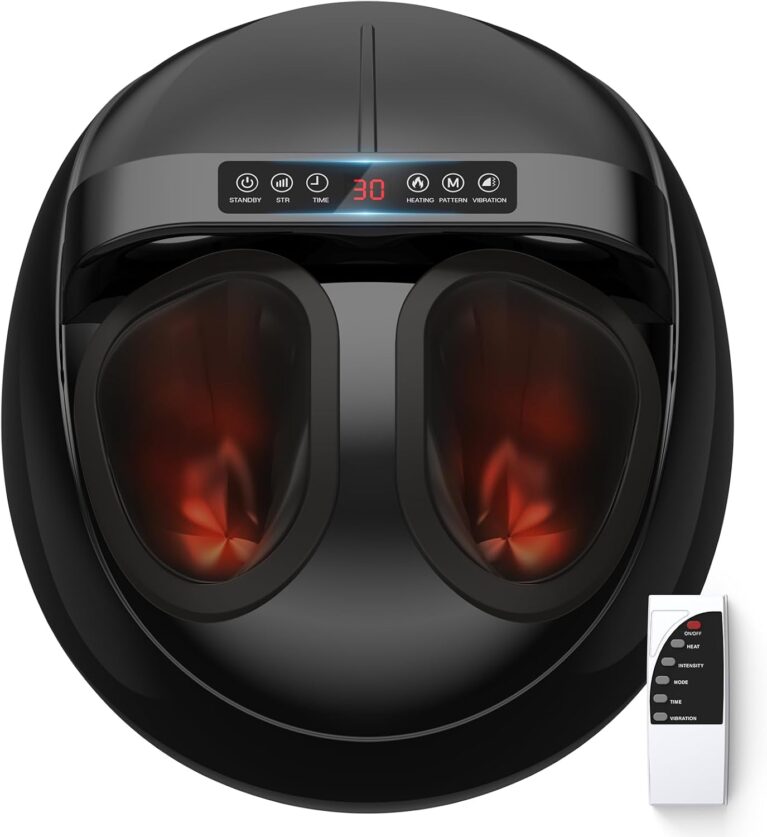 HTM Foot Massager with Heat, 5 Modes & 9-Level Intensity & 3-Speed Vibration, Shiatsu Kneading & Rolling Compression, with Remote & Portable Handle, Fits Up to Men's Size 13, Gift for Women Men