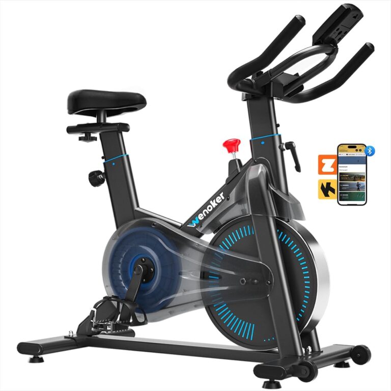 Wenoker Exercise Bike, Magnetic Stationary Bike for Home with App Connectivity, Adjustable Seat & Handlebar, Quiet Indoor Cycling Bike with Transport Wheels, Fitness Workout Bike for Cardio