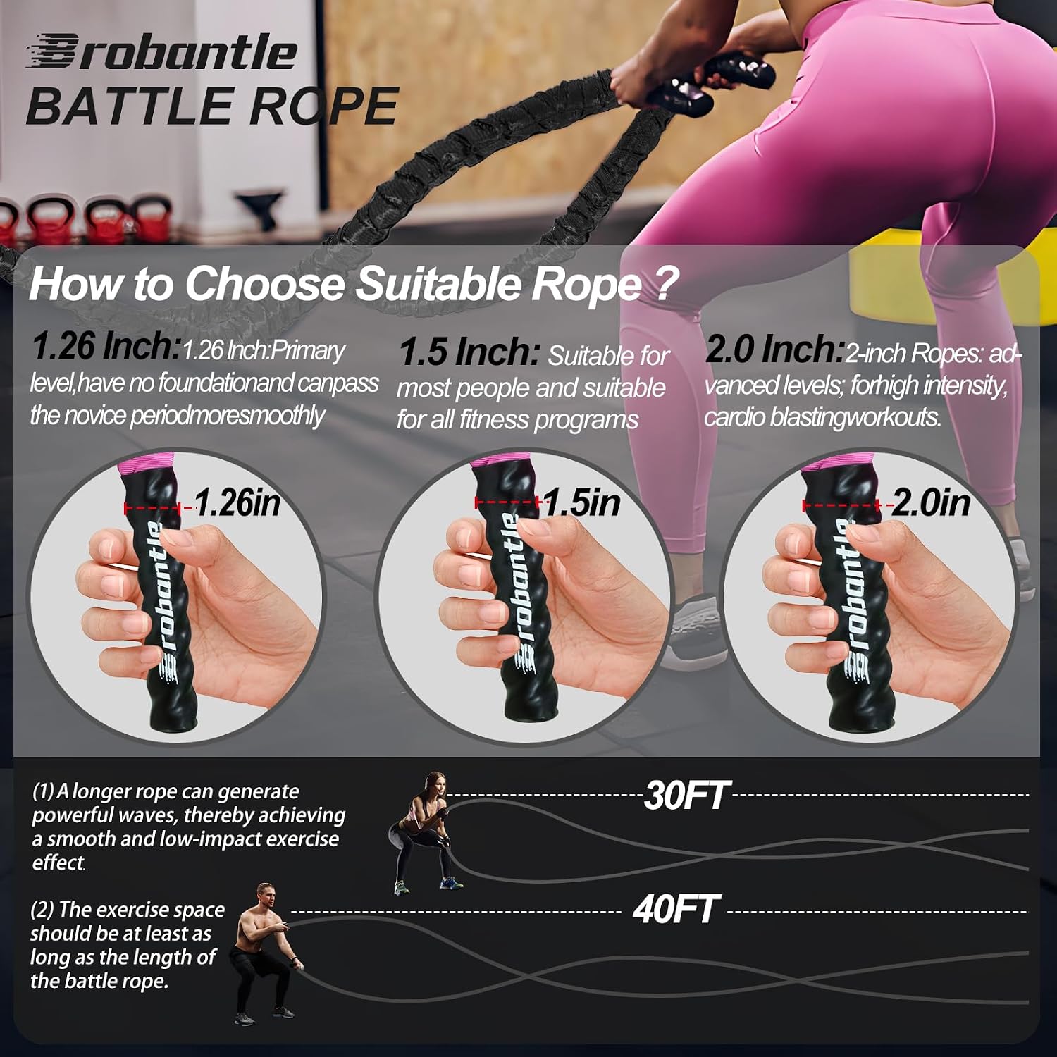 Battle Rope 1/1.26/1.5/2 Inch Diameter,Pink 30FT/40FT/50FT Exercise Workout Ropes for Home Gym Heavy Weighted Training Rope for Working Out - Image 3
