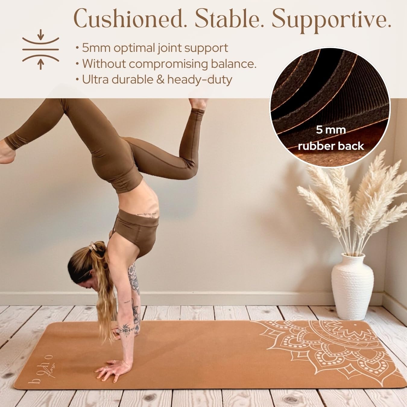 Designer Cork Yoga Mat – Signature Aesthetics on Quality Portuguese Cork with 5mm Solid Tree Rubber Base for Lasting Stability – Non Slip Grip, Odor Free and Non Toxic - Image 4
