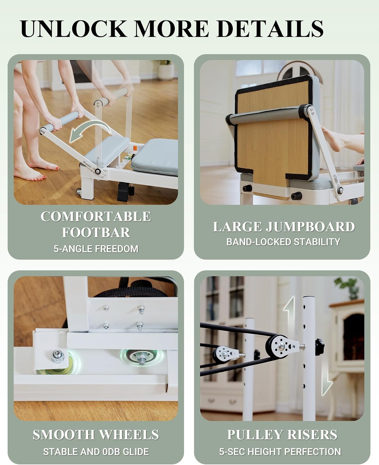 PAETA Pilates Reformer, 86" Foldable Reformer Pilates Machine for Home Use, with Dual Resistance- Springs and Cords, Pilates Equipment for Home Workouts with Jump Board, Up to 400 LBS - Image 8