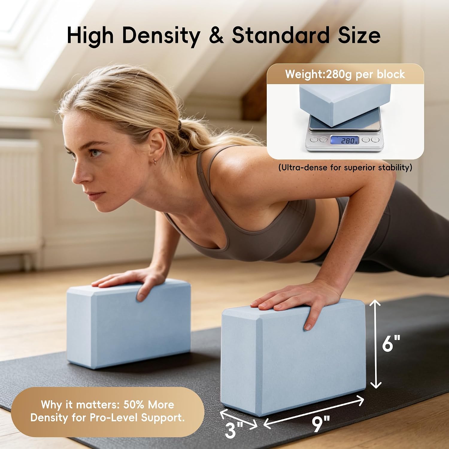 High Density EVA Yoga Blocks 2 Pack, 280g Pro-Level Exercise Brick (46-50 Shore C Firmness), Odor-Free & Non-Slip Foam Props for Yoga, Pilates & Stretching - Image 2