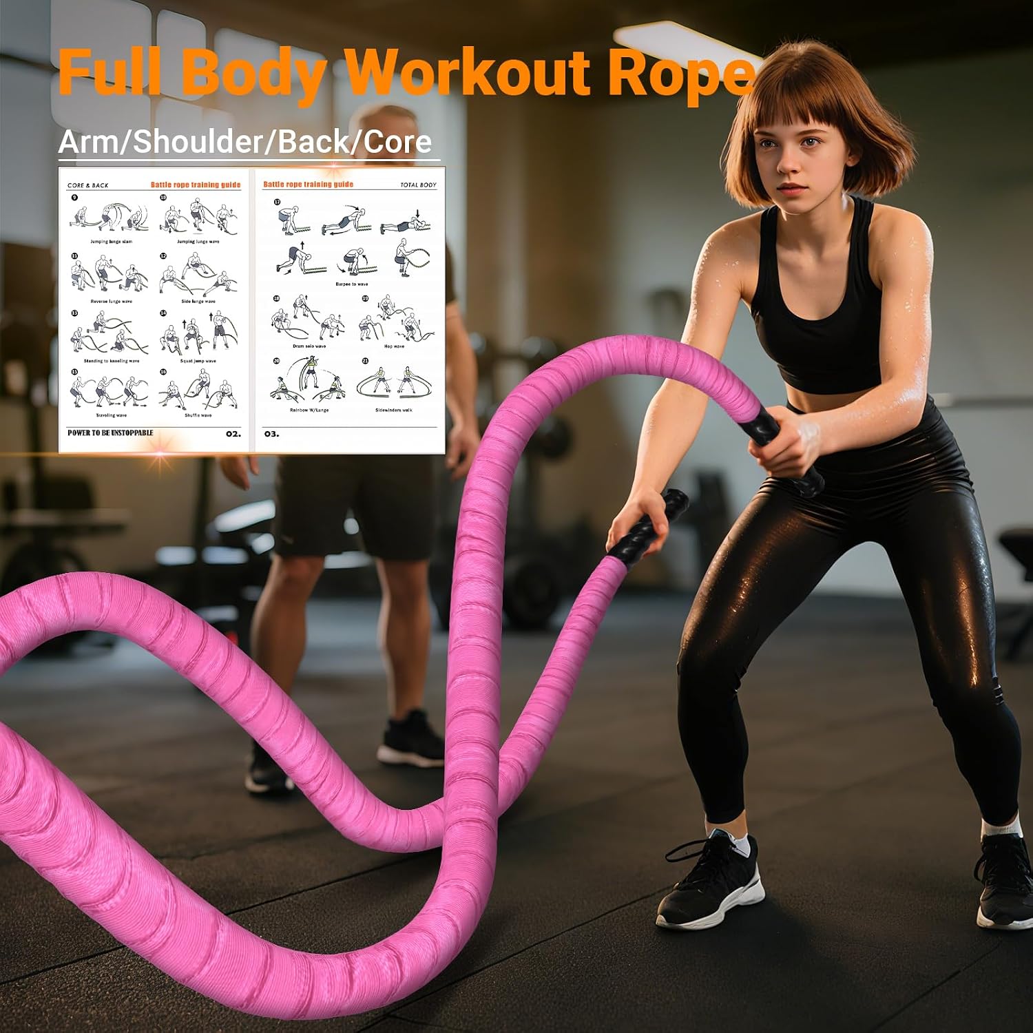 Battle Ropes for Home Gym 1 Inch Diameter 30FT Length Workout Rope Exercise Rope Training Ropes with Protective Sleeve for Kids Men Women Exercise Fitness & Strength Training-Pink - Image 3