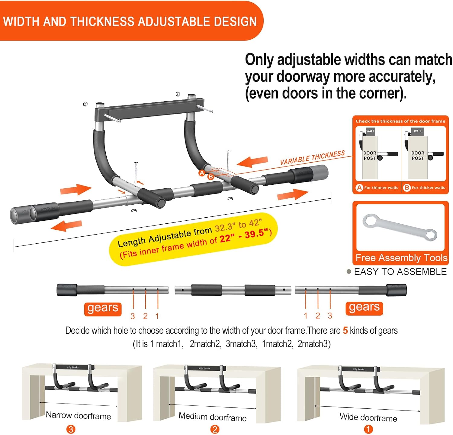 Ally Peaks Pull Up Bar for Doorway,Multiple Levels Width Adjustable Pull Up Bar Accurately Match Wide and Narrow doorframe,Indoor Chin-Up Bar Workout Bar,USA Original Patent - Image 2