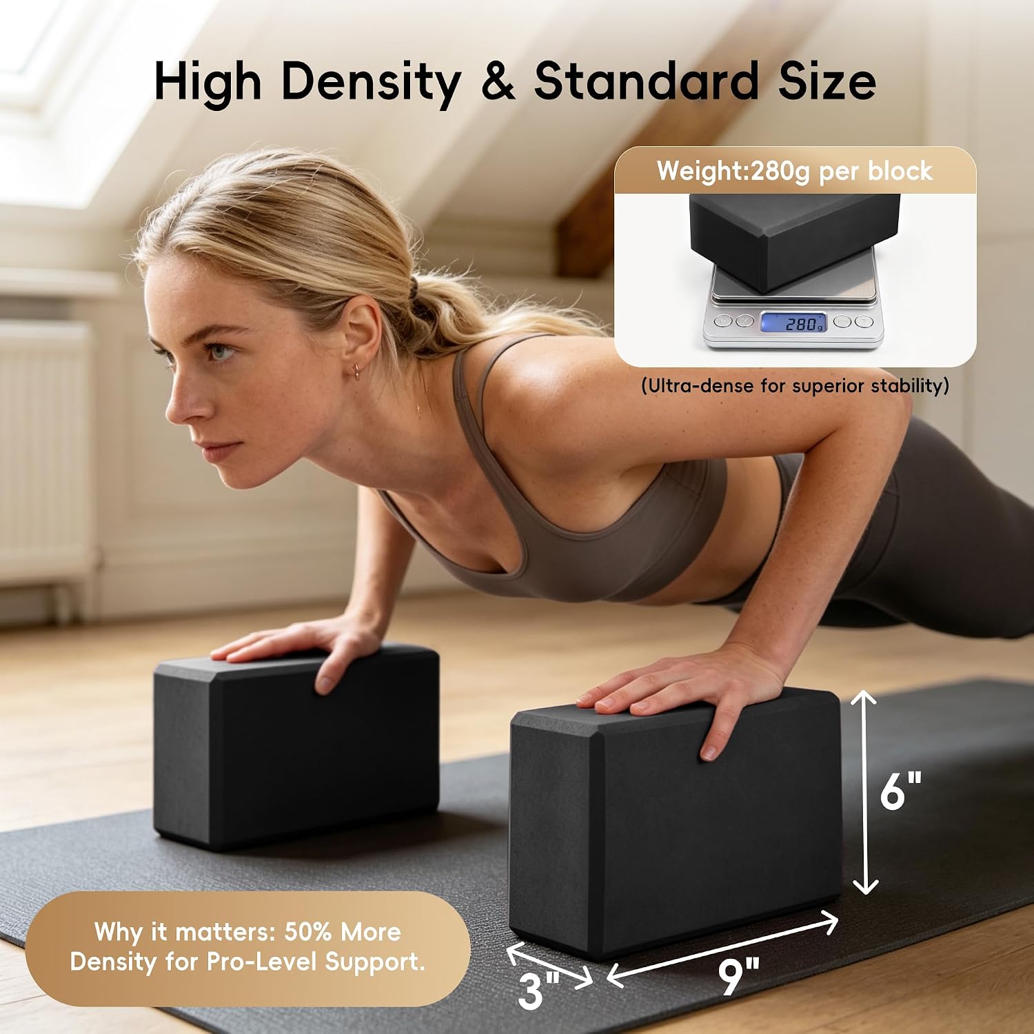 High Density EVA Yoga Blocks 2 Pack, 280g Pro-Level Exercise Brick (46-50 Shore C Firmness), Odor-Free & Non-Slip Foam Props for Yoga, Pilates & Stretching - Image 2