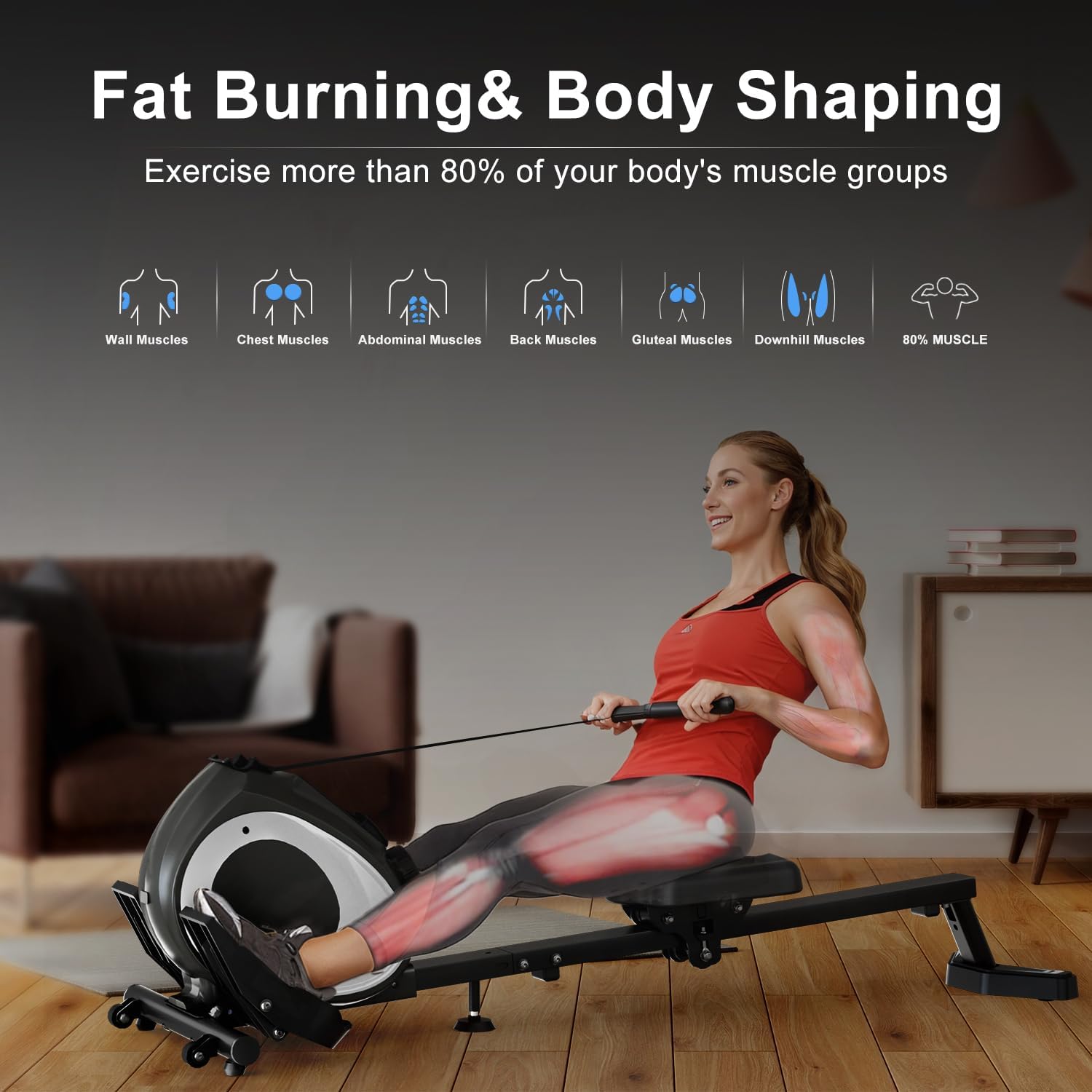 Magnetic Rowing Machine for Home | Adjustable 8-Speed Booster | Burn Fat & Sculpt Muscles | Supports Up to 265 LBS | Phone/Tablet-Ready Design - Image 3