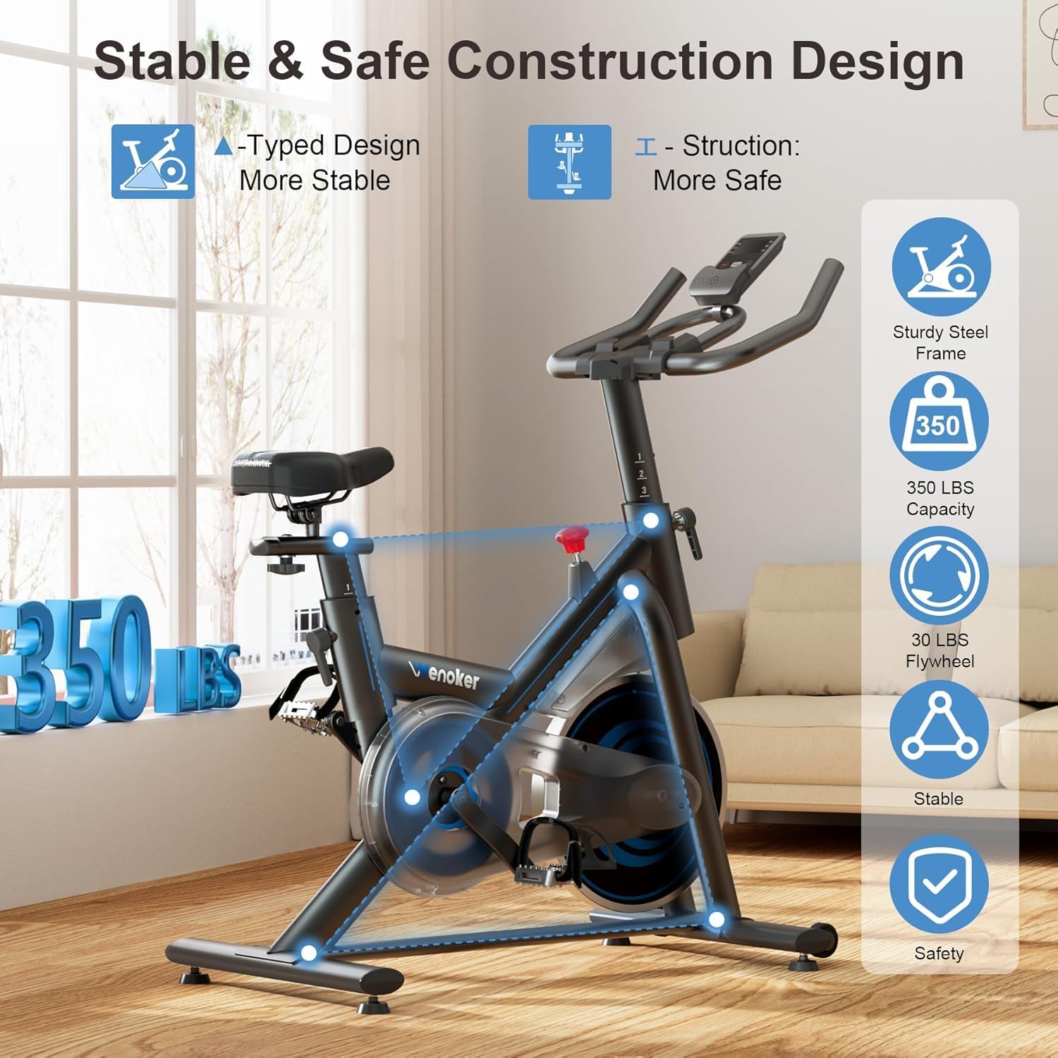 Wenoker Magnetic Exercise Bike for Home – Adjustable Silent Spin Bike with 350lb Capacity, APP Connectivity, LCD Monitor & Device Holder – Indoor Cycling Bike for Cardio & Weight Loss - Image 6