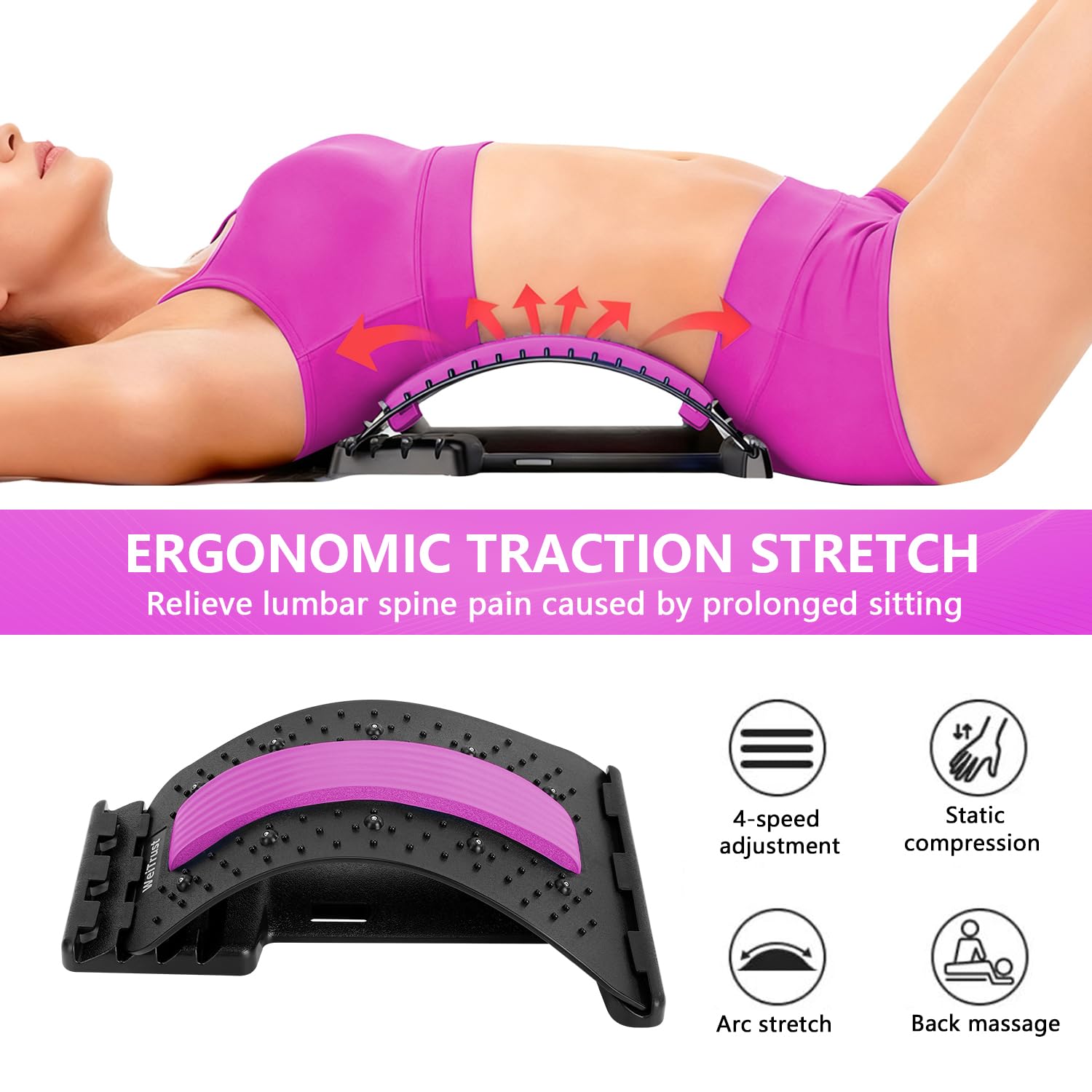 Back Stretcher - 4-Level Adjustable Lumbar Support Board & Back Cracker for Lower Back Pain Relief, Home Office Use (Pink) - Image 3