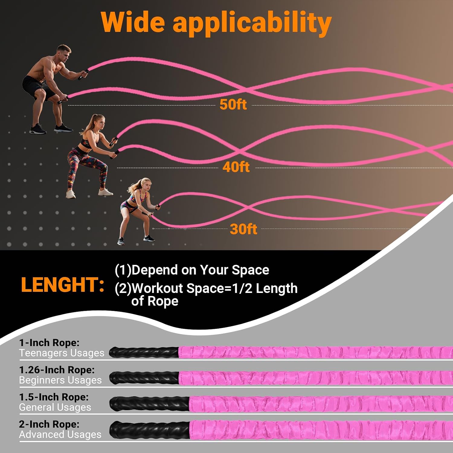 Battle Ropes for Home Gym 1 Inch Diameter 30FT Length Workout Rope Exercise Rope Training Ropes with Protective Sleeve for Kids Men Women Exercise Fitness & Strength Training-Pink - Image 5