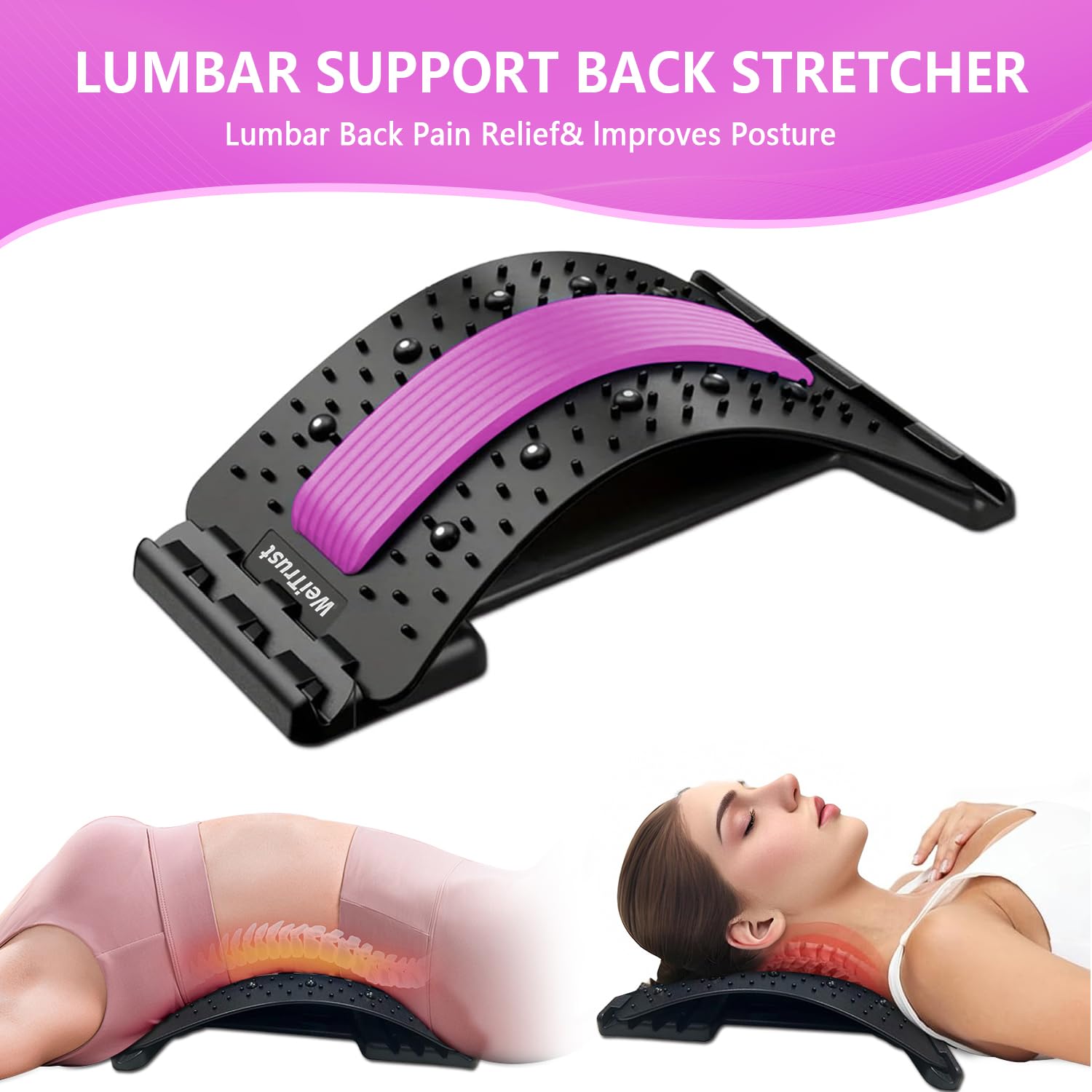 Back Stretcher - 4-Level Adjustable Lumbar Support Board & Back Cracker for Lower Back Pain Relief, Home Office Use (Pink) - Image 2