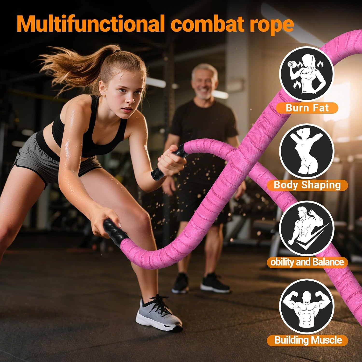Battle Ropes for Home Gym 1 Inch Diameter 30FT Length Workout Rope Exercise Rope Training Ropes with Protective Sleeve for Kids Men Women Exercise Fitness & Strength Training-Pink - Image 2