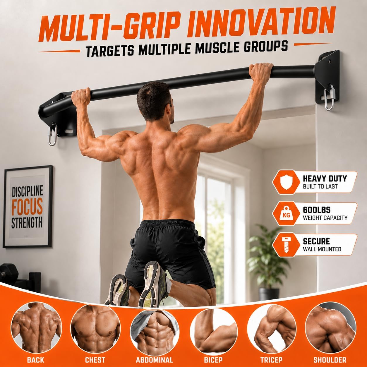 Pull Up Bar Wall Mounted-Heavy Duty Joist Mounted Pull Up Bar-Premium Strength Training Pull-Up Bars-Fast and Easy Installation for Home and Garage Use,Supports up to 600 Lbs - Image 6