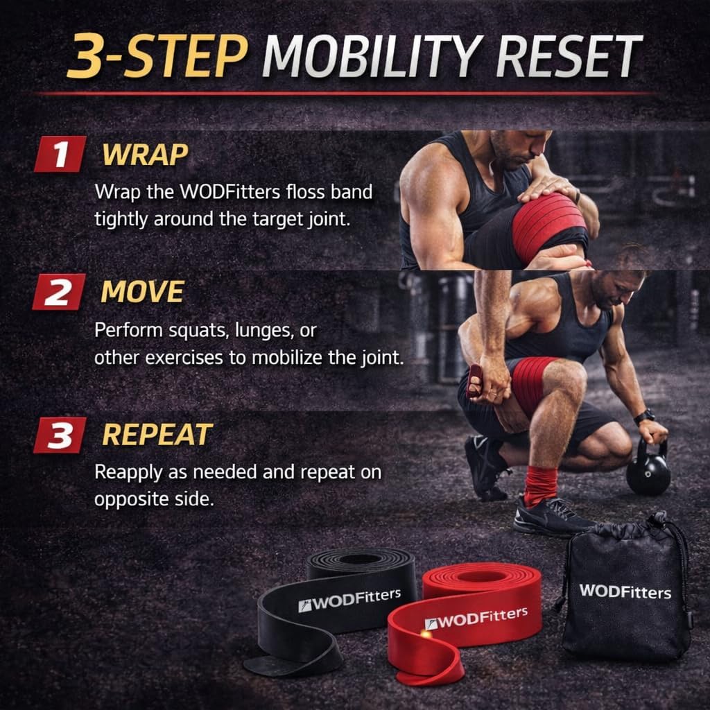 WODFitters Floss Bands for Muscle Compression Tack & Flossing, Mobility & Recovery WODs - Latest Technology - 2 Pack with Carrying Bag - Image 4