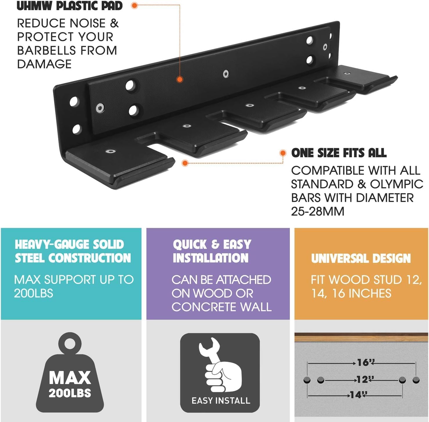 Yes4All Vertical Wall Mounted Olympic Barbell Holder, Barbell Storage Rack, Hanging Barbell Rack for Home Fitness Equipment - Image 3
