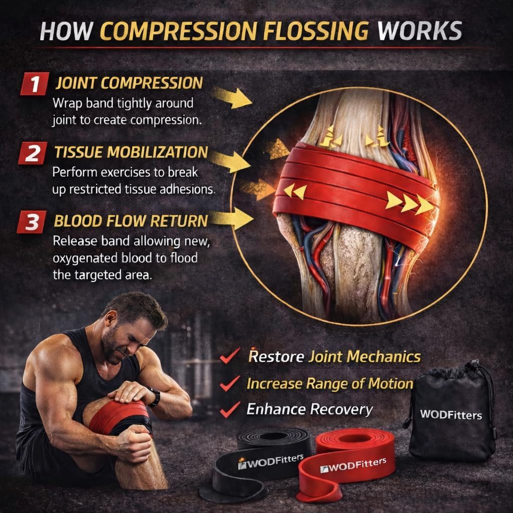 WODFitters Floss Bands for Muscle Compression Tack & Flossing, Mobility & Recovery WODs - Latest Technology - 2 Pack with Carrying Bag - Image 3