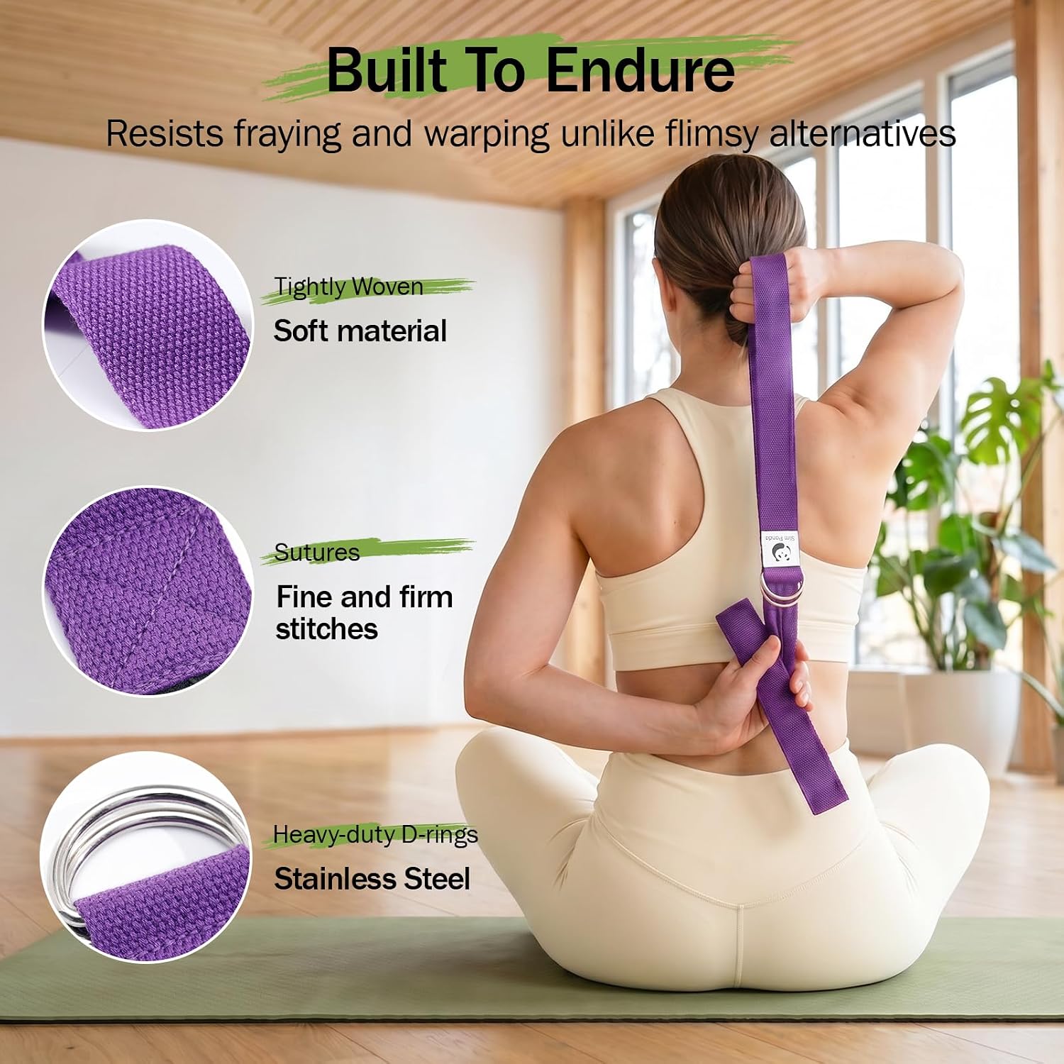 Slim Panda Yoga Strap for Stretching,Cotton Yoga Strap with Adjustable D-Ring Buckle,Non-Elastic Yoga Belt for Pilates,Gym Workouts,Physical Therapy,Improve Flexibility - Image 3