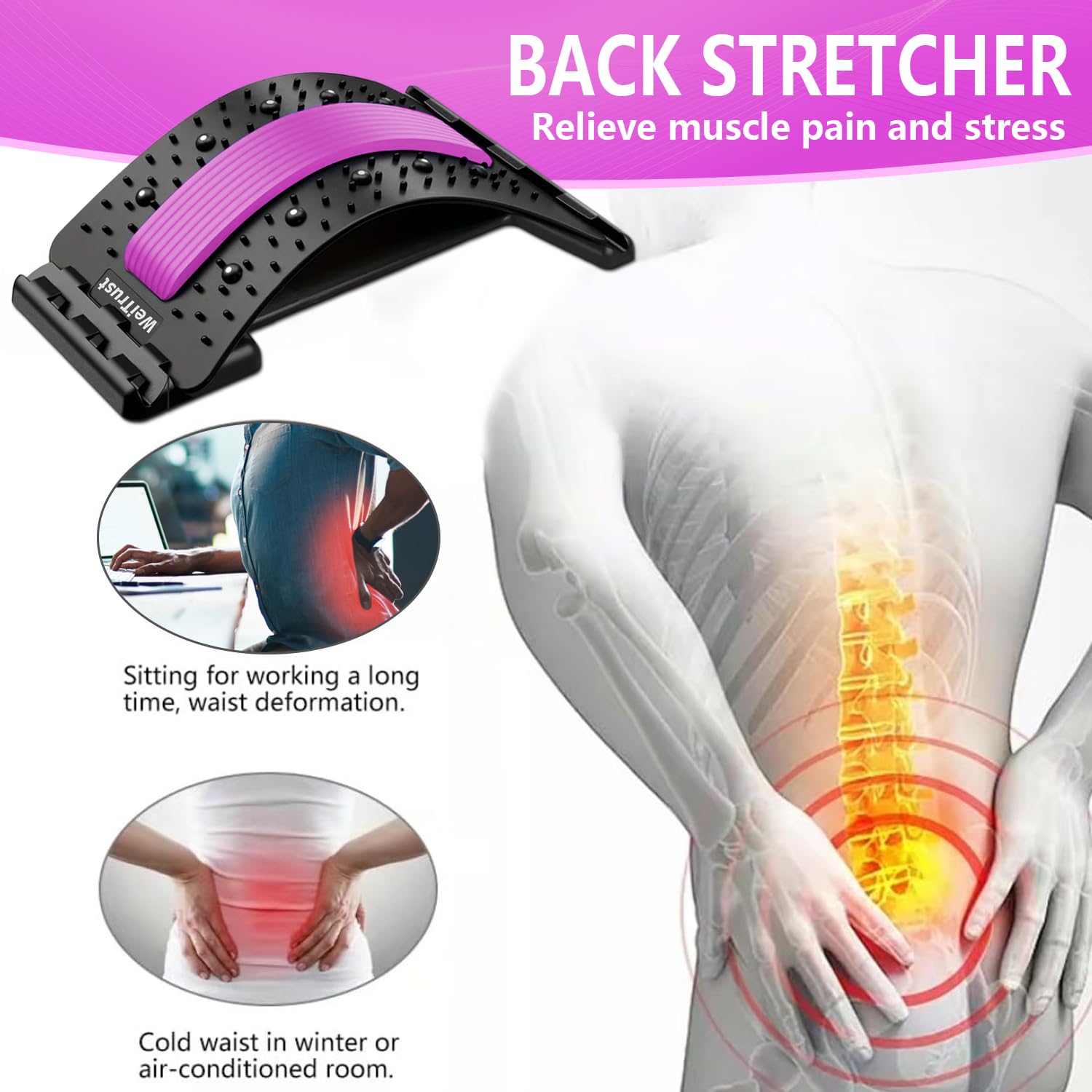 Back Stretcher - 4-Level Adjustable Lumbar Support Board & Back Cracker for Lower Back Pain Relief, Home Office Use (Pink) - Image 6