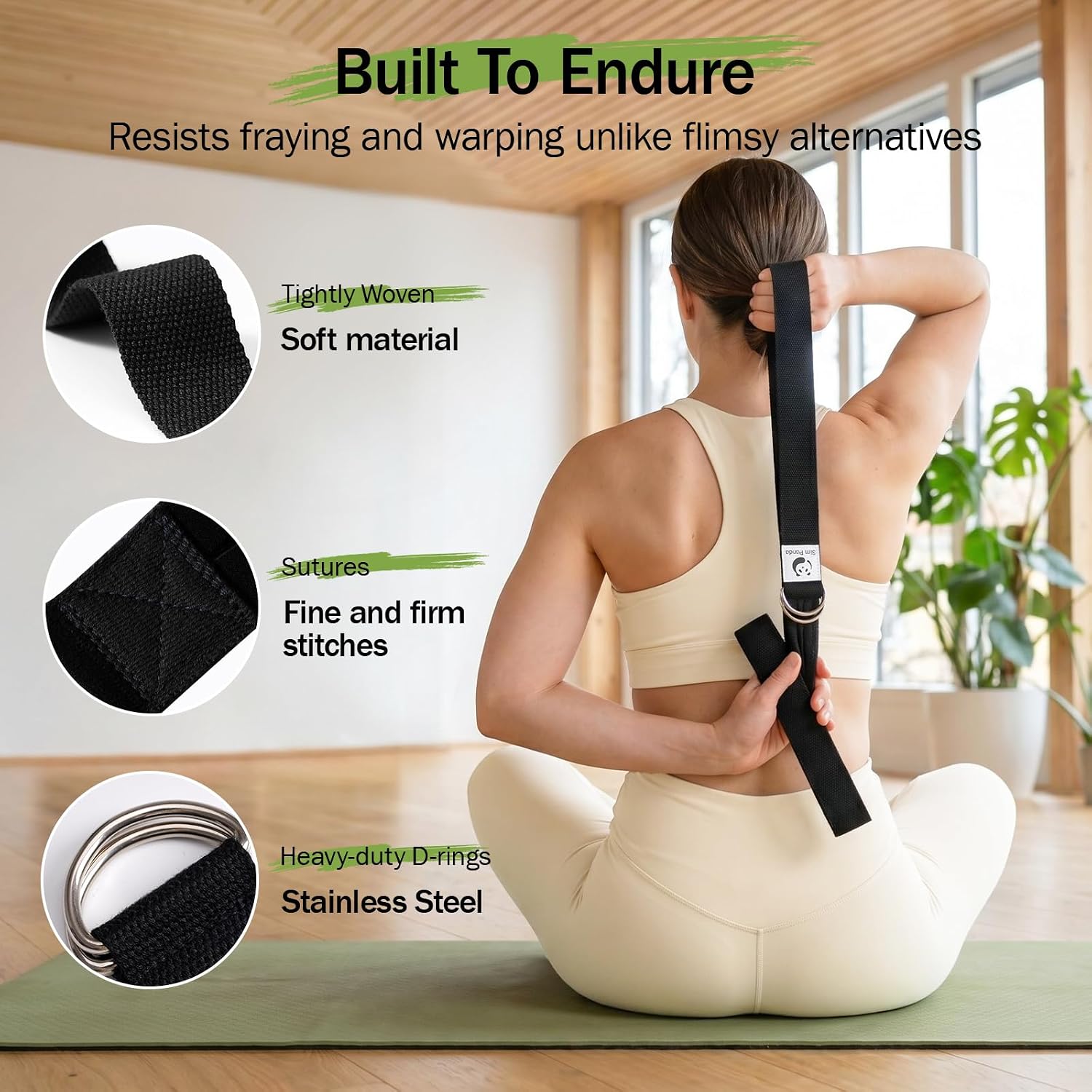 Slim Panda Yoga Strap for Stretching,Cotton Yoga Strap with Adjustable D-Ring Buckle,Non-Elastic Yoga Belt for Pilates,Gym Workouts,Physical Therapy,Improve Flexibility - Image 2
