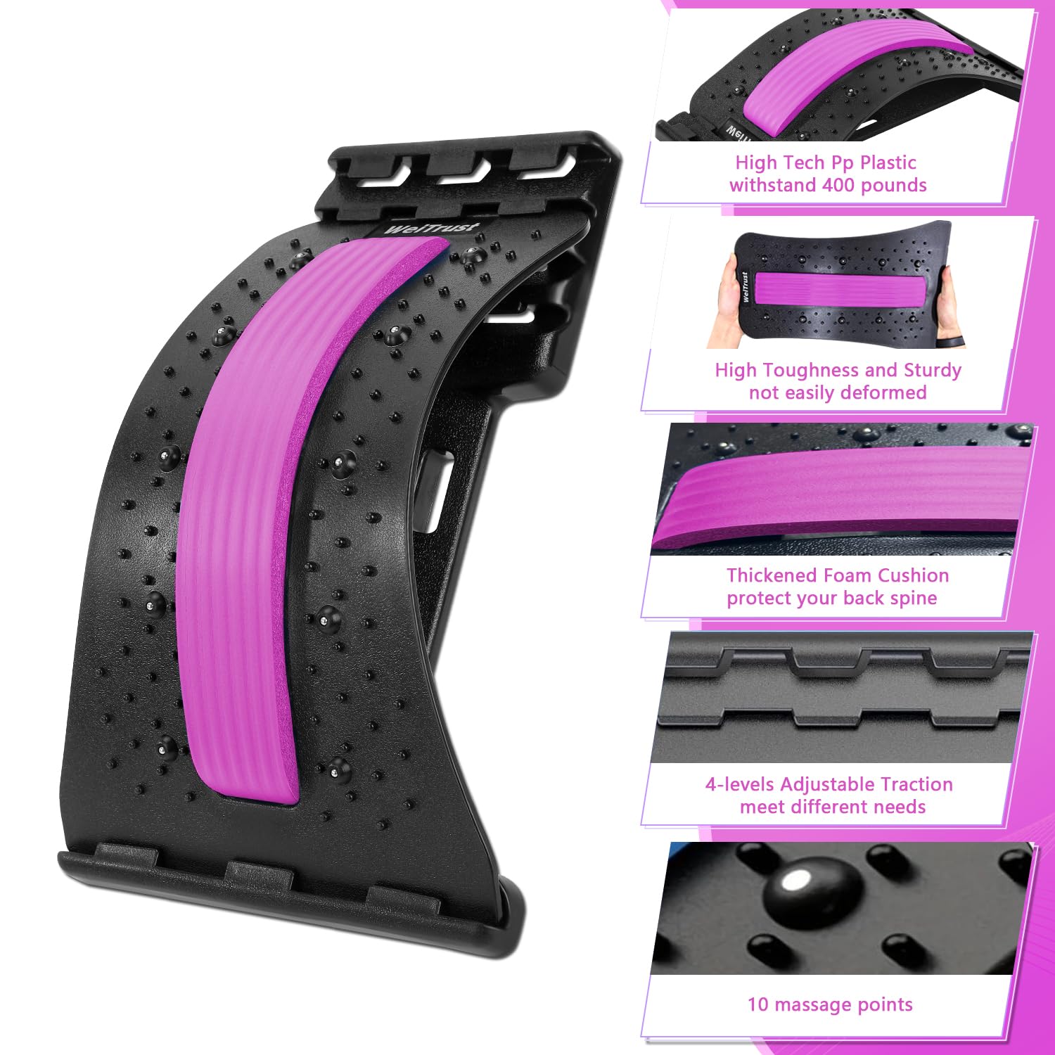 Back Stretcher - 4-Level Adjustable Lumbar Support Board & Back Cracker for Lower Back Pain Relief, Home Office Use (Pink) - Image 5