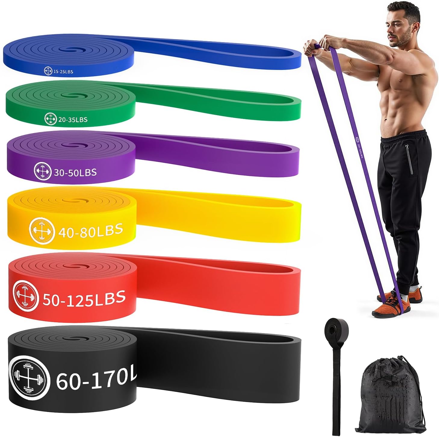 Exercise Bands,Set of 6 Resistance Bands for Working Out,Pull Up Bands Set,at Home Workout Equipment,Instruction Guide and Carry Bag Included
