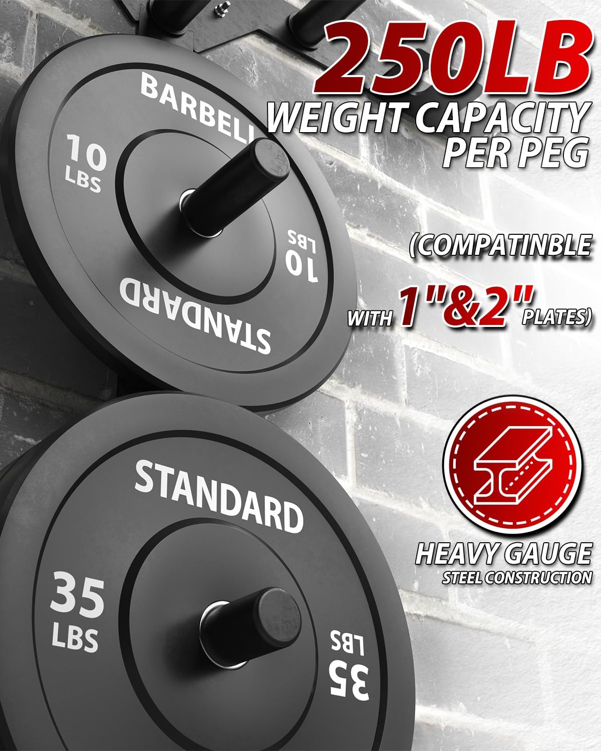 Mikolo Weight Plate Storage Rack, Wall Mounted Weight Plate Holder, Bumper Plate Storage for Home Gym, Fit 1" and 2" Plates - Image 8