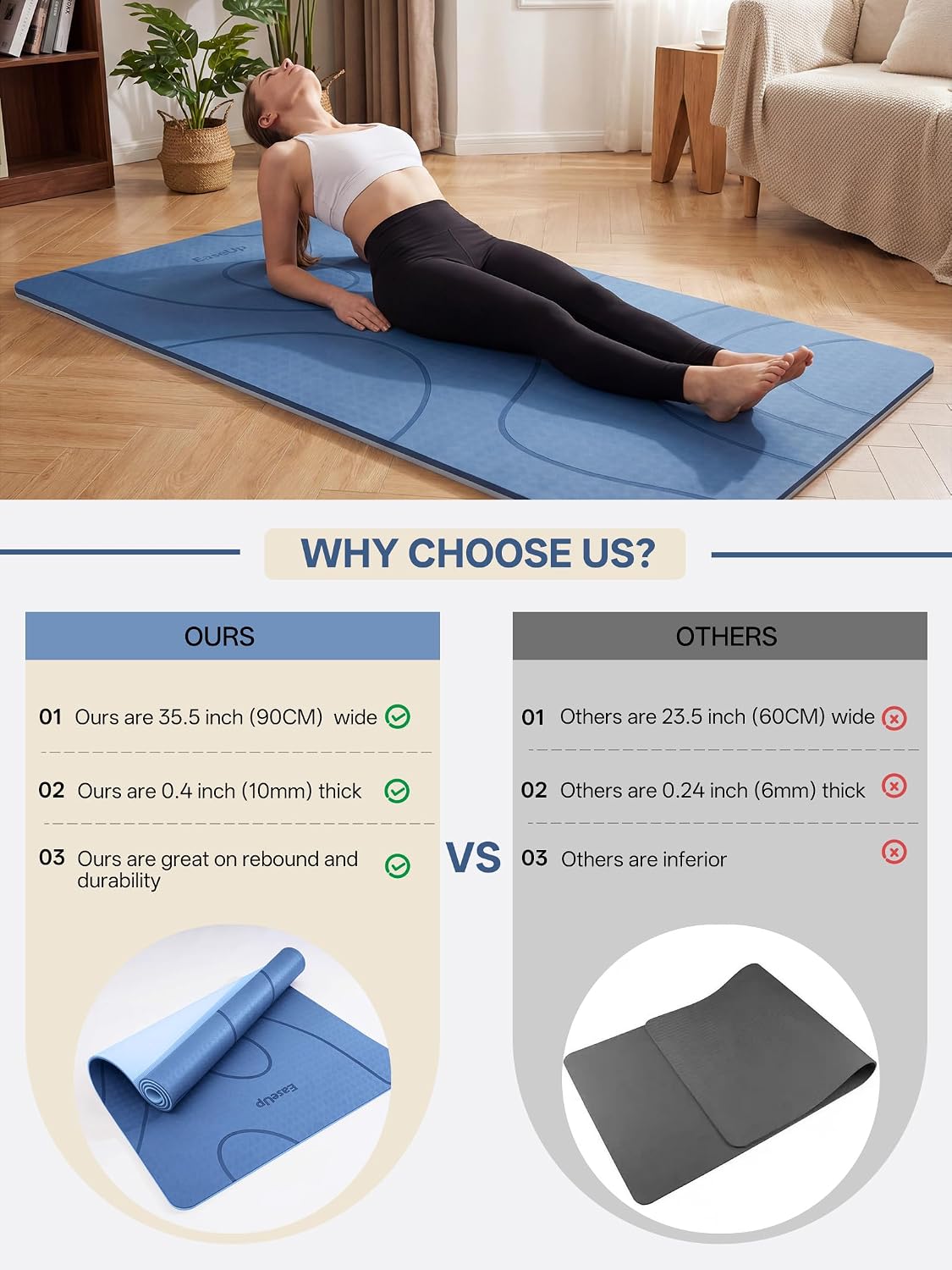 EaseUp Large Yoga Mat 73x35.5x0.4",10mm Thick Non-Slip for Home Workout - Image 4