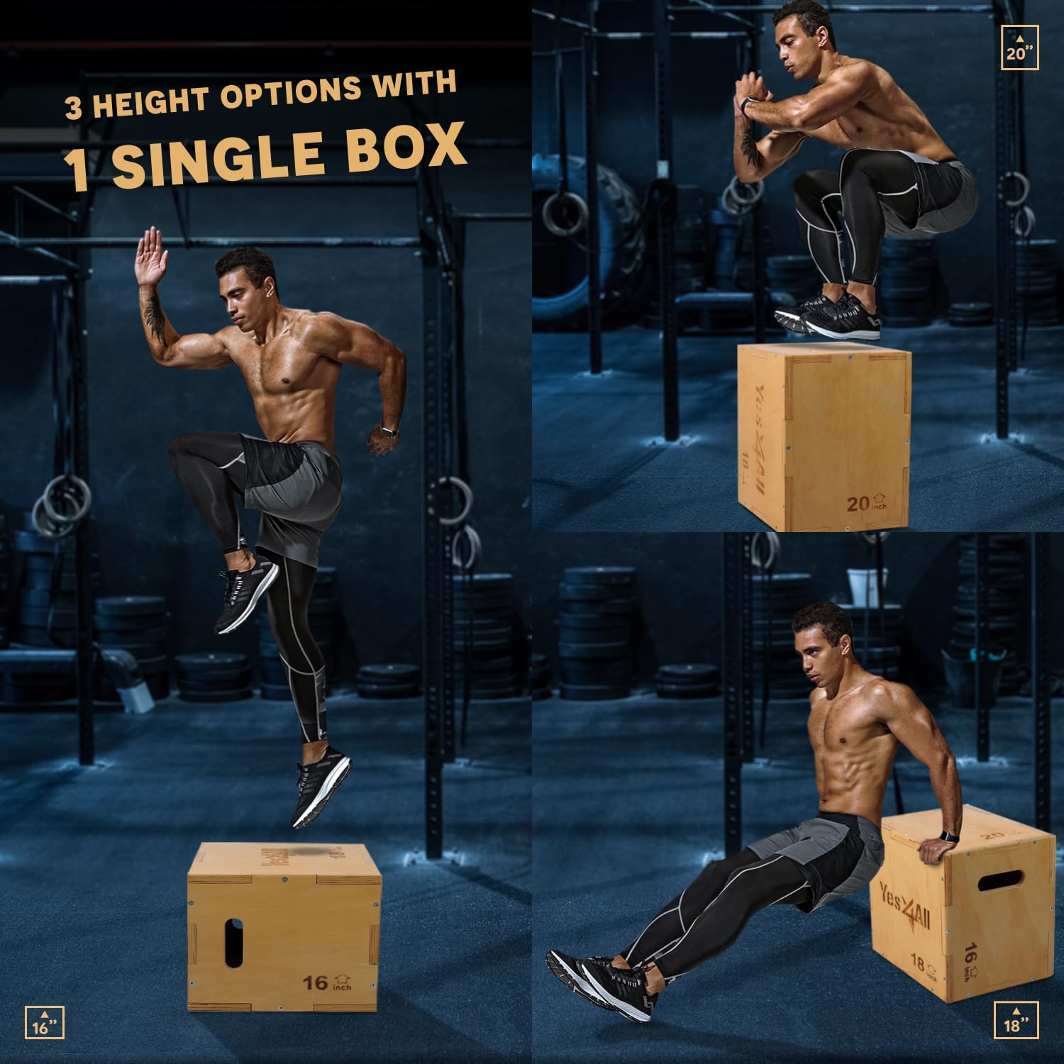 Yes4All Plyo Box, 3-in-1 Wooden Box Jump for Home Gym, Lunges, Squats, Dips - Image 3