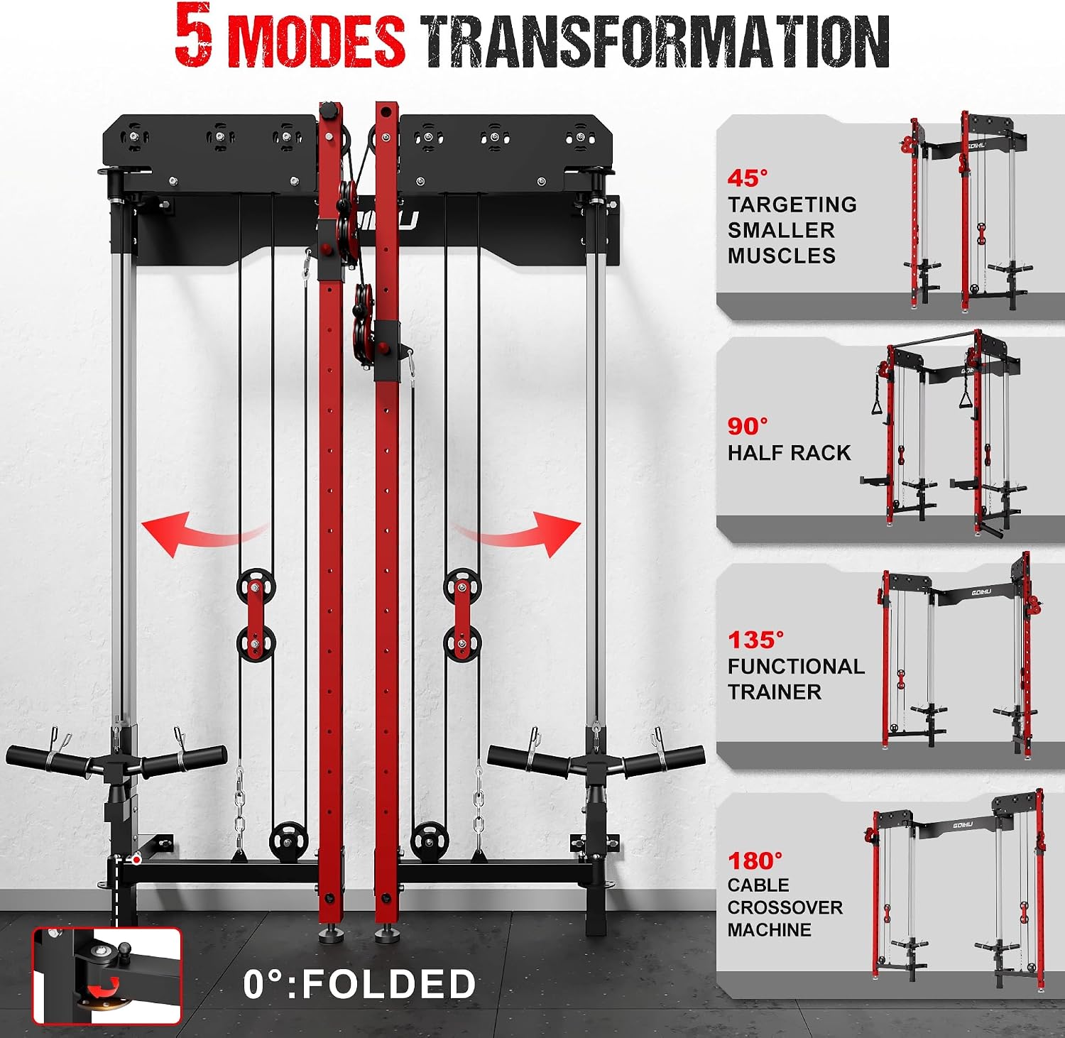 WM3-V4 Folding Squat Rack, Wall Mounted Power Rack with Dual Independent Pulley System, Functional Trainer with 5 Adjustable Function Modes for Space Saving - Image 3