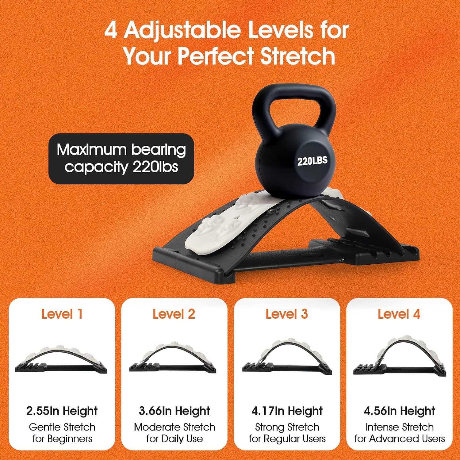 Premium Back Stretcher for Lower Back Pain Relief – 4-Level Adjustable Lumbar Support Board with Soft EVA Massage Strip – Durable & Portable Back Cracker to Release Tension and Reset Your Day (Black) - Image 4