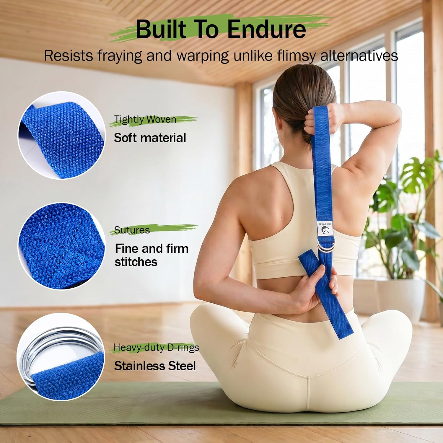 Slim Panda Yoga Strap for Stretching,Cotton Yoga Strap with Adjustable D-Ring Buckle,Non-Elastic Yoga Belt for Pilates,Gym Workouts,Physical Therapy,Improve Flexibility - Image 3