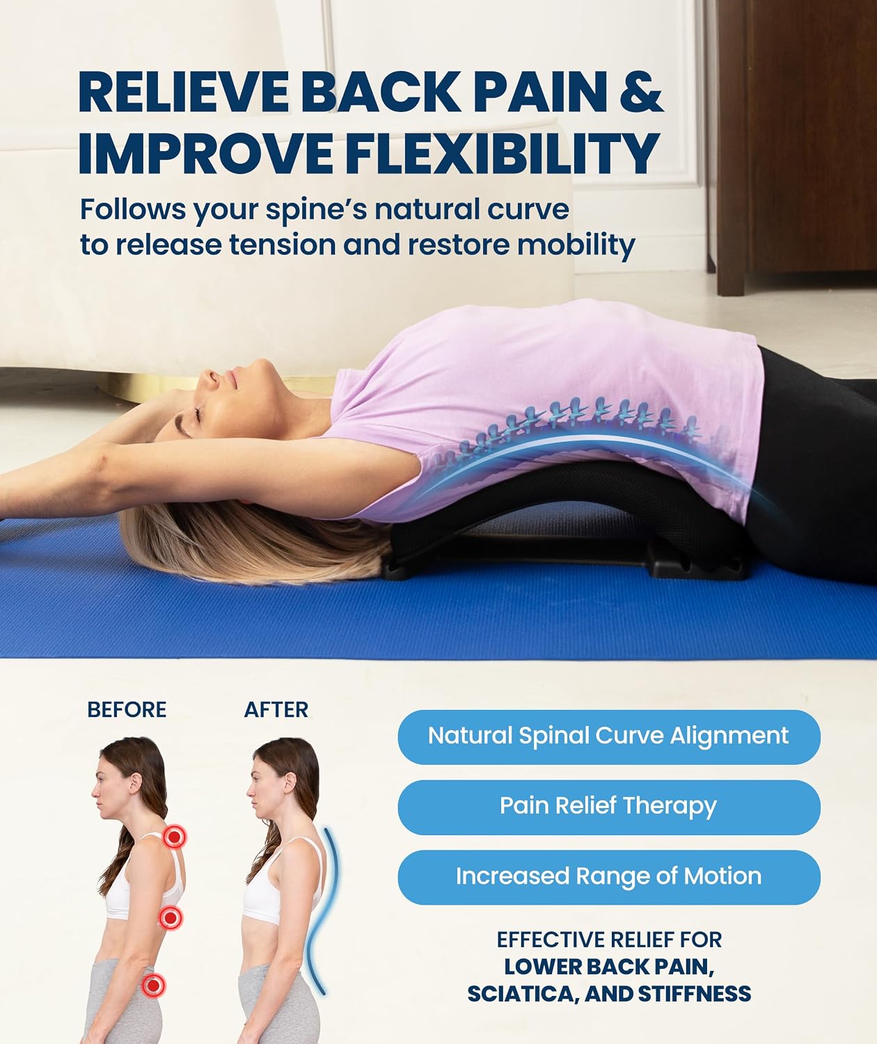 Everlasting Comfort Lumbar Support Board Back Stretcher for Lower Pain Relief - Adjustable Spine Decompression with 88 Acupressure Nodes - Back Cracking Device with Chair Strap for Posture Correction - Image 2