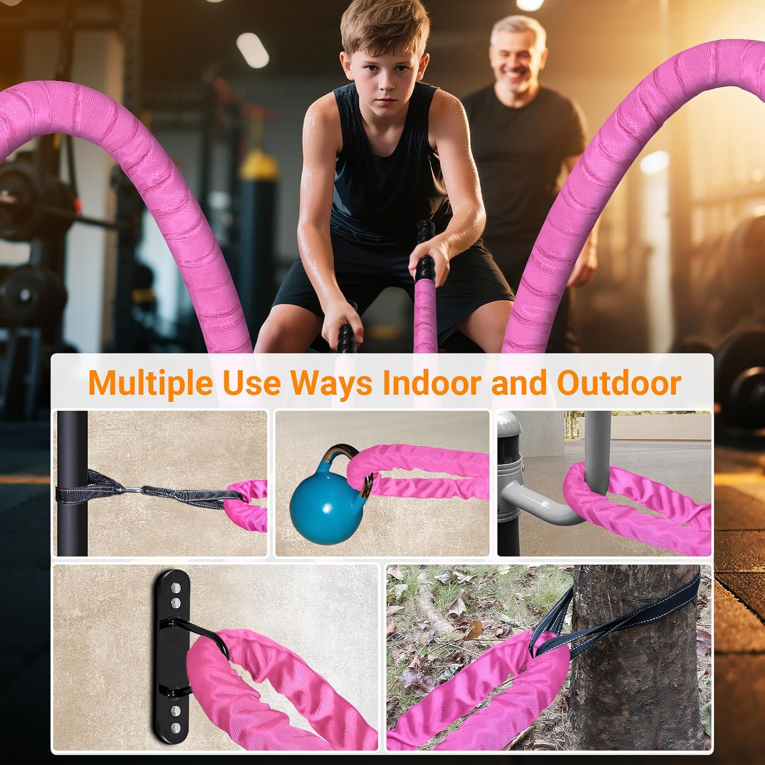 Battle Ropes for Home Gym 1 Inch Diameter 30FT Length Workout Rope Exercise Rope Training Ropes with Protective Sleeve for Kids Men Women Exercise Fitness & Strength Training-Pink - Image 4