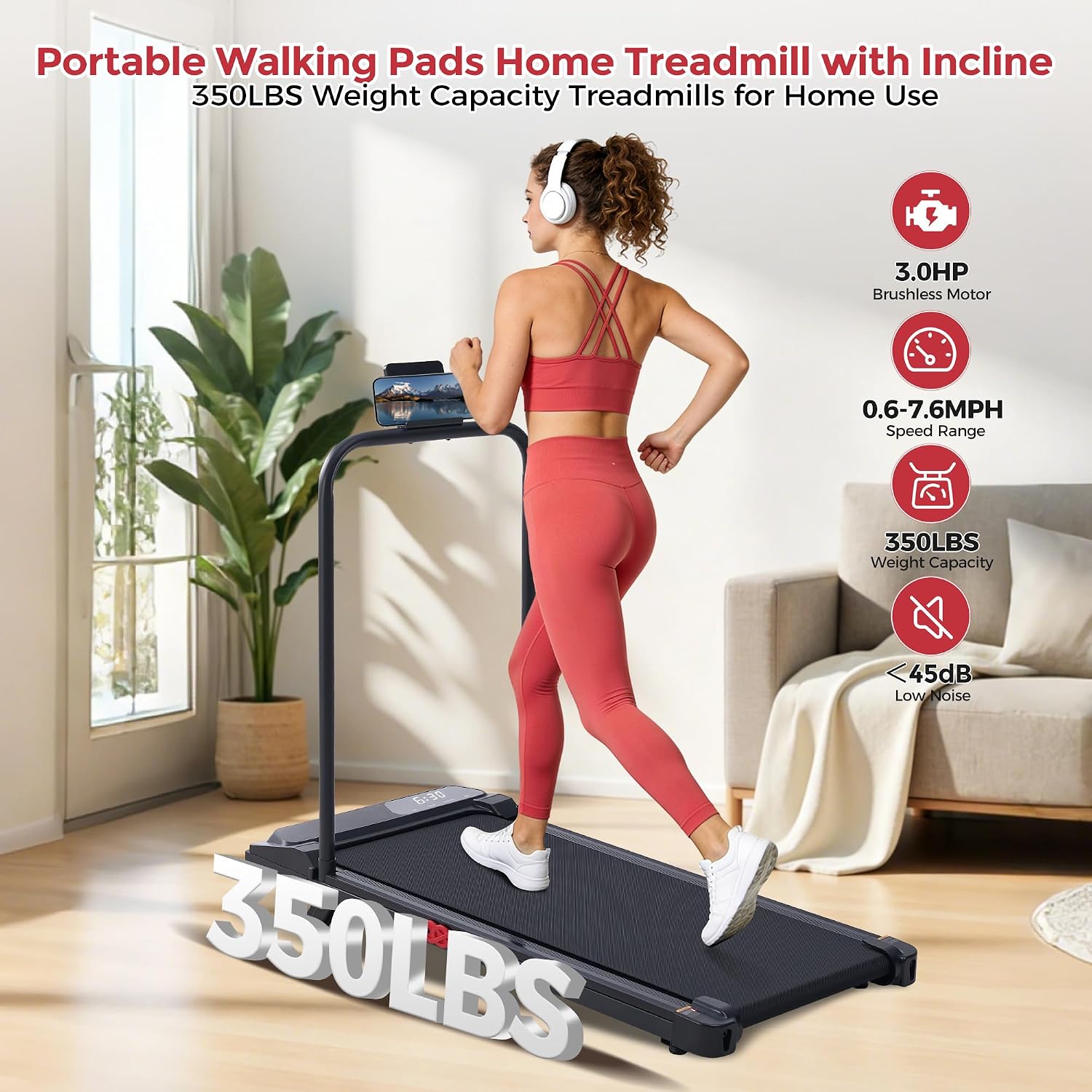 MCRG Walking Pad with Incline, Portable Treadmill with Handle Bar for Home, 3.0HP Electric Home Walking pad Treadmill, 0.6-7.6MPH Mini Under Desk Treadmills for Exercising with Handles Incline, 350LBS - Image 5