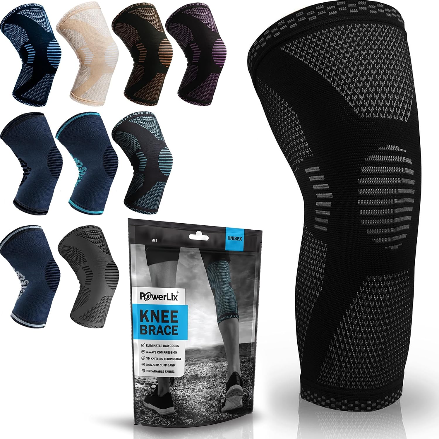 POWERLIX Knee Compression Sleeve - Best Knee Brace for Men & Women – Knee Support for Running, Basketball, Weightlifting, Gym, Workout, Sports, (Black, Large)