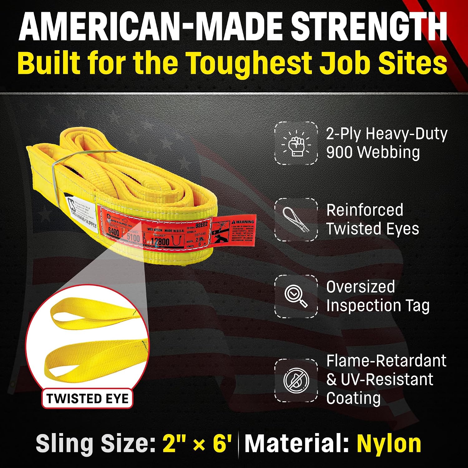 DD Sling (USA Made). 2" wide X (4' to 20' lengths) in Listing! 2 Ply Twisted Eye, Nylon Lifting Slings, Eye & Eye, Heavy Duty (900 webbing), 6,400 lbs Vertical, 5,100 Choker, 12,800 Basket Load Capacity (2inX6ft) - Image 2