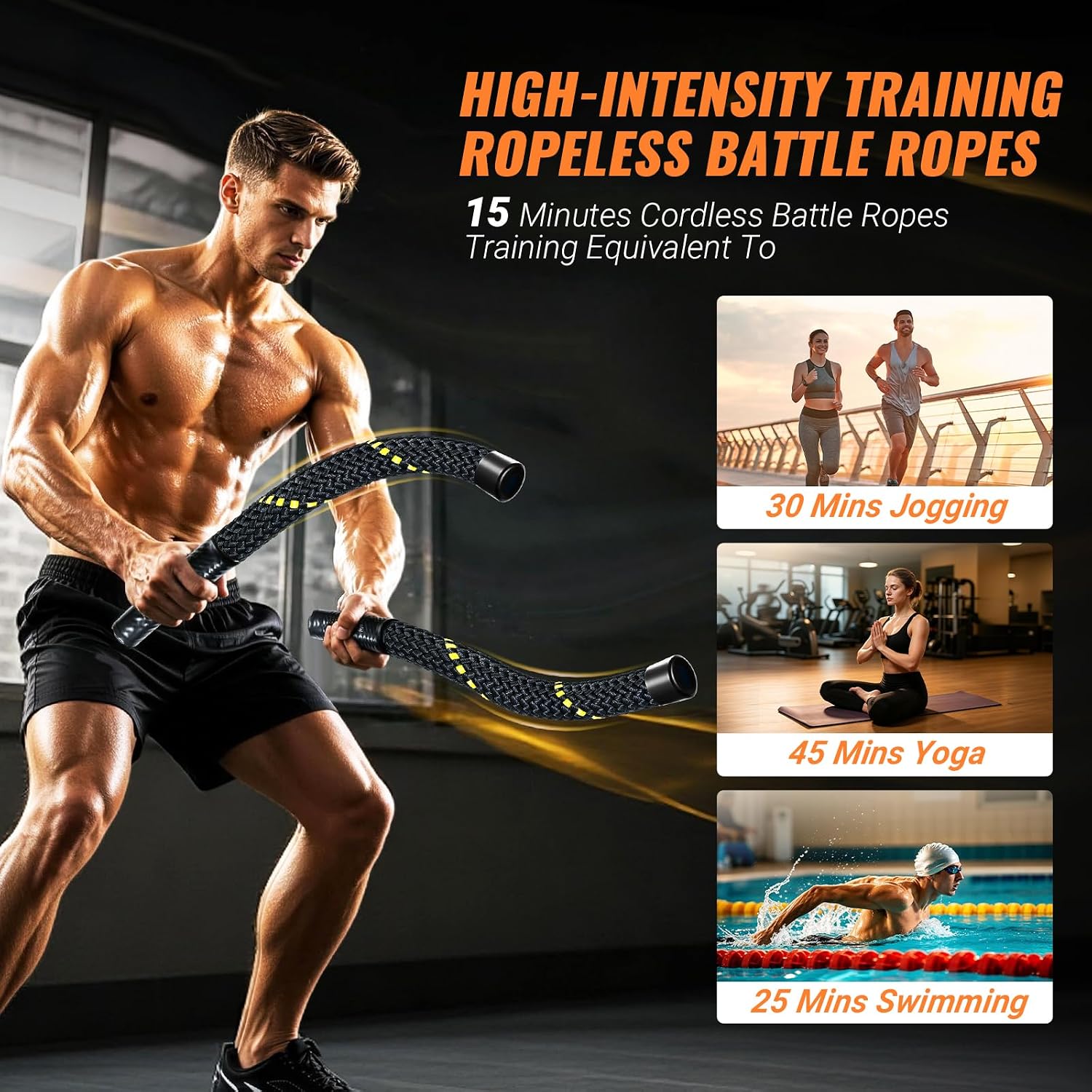 Ropeless Battle Ropes for Home Gym - Portable Cordless Battle Rope with Storage Bag, Non-Slip Handle, Low-Impact Cardio Fitness Gear for Men & Women Full Body Exercise & Arm Strength - Black - Image 3