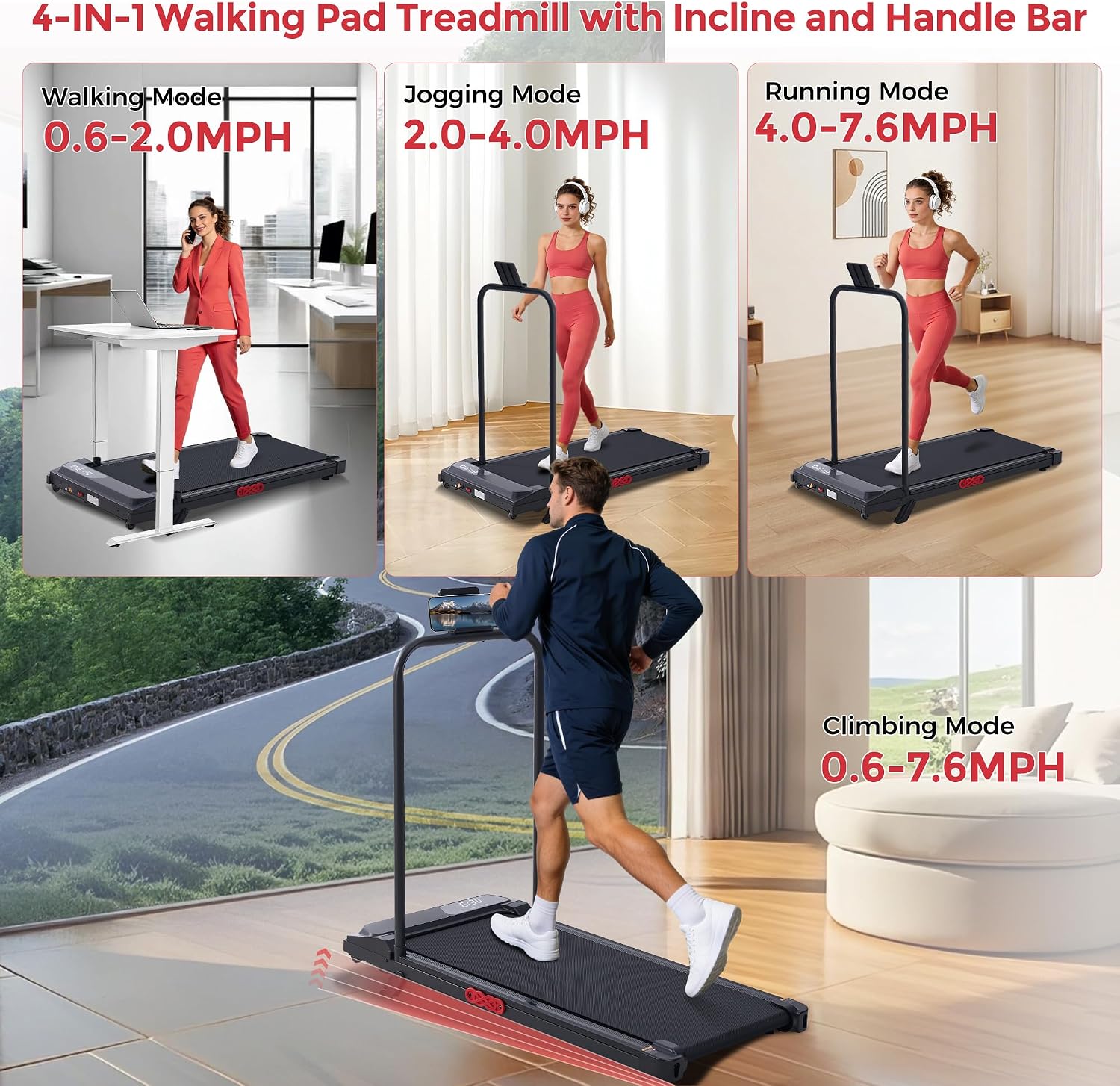 MCRG Walking Pad with Incline, Portable Treadmill with Handle Bar for Home, 3.0HP Electric Home Walking pad Treadmill, 0.6-7.6MPH Mini Under Desk Treadmills for Exercising with Handles Incline, 350LBS - Image 2