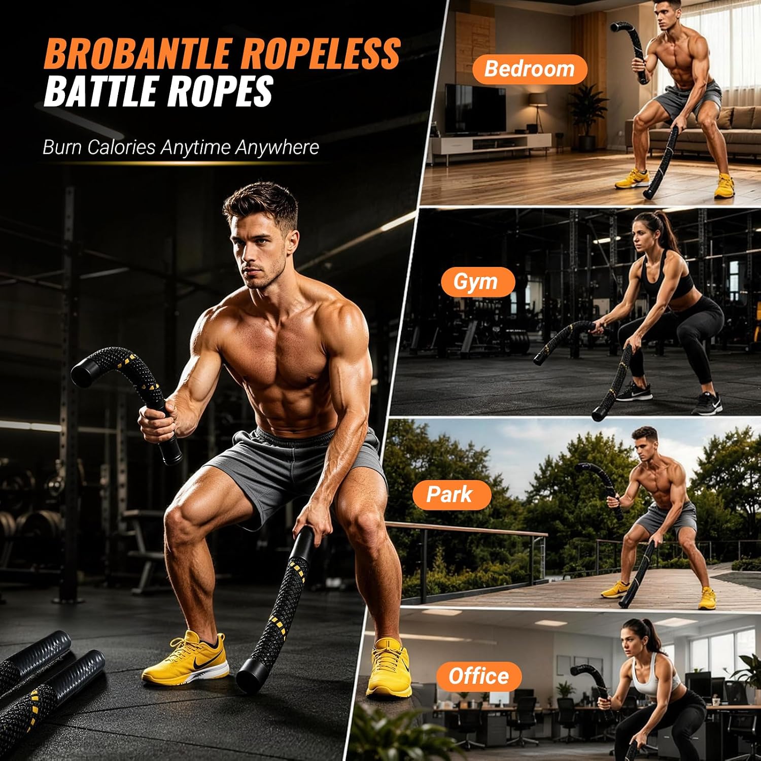 Ropeless Battle Ropes for Home Gym - Portable Cordless Battle Rope with Storage Bag, Non-Slip Handle, Low-Impact Cardio Fitness Gear for Men & Women Full Body Exercise & Arm Strength - Black - Image 7
