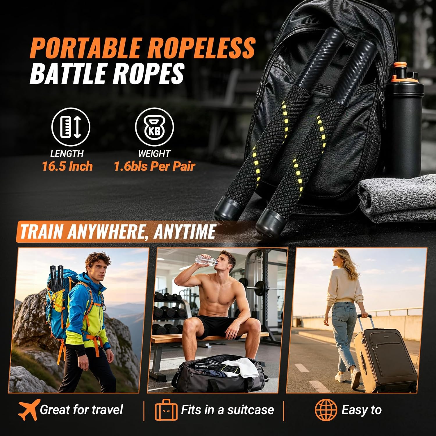 Ropeless Battle Ropes for Home Gym - Portable Cordless Battle Rope with Storage Bag, Non-Slip Handle, Low-Impact Cardio Fitness Gear for Men & Women Full Body Exercise & Arm Strength - Black - Image 6