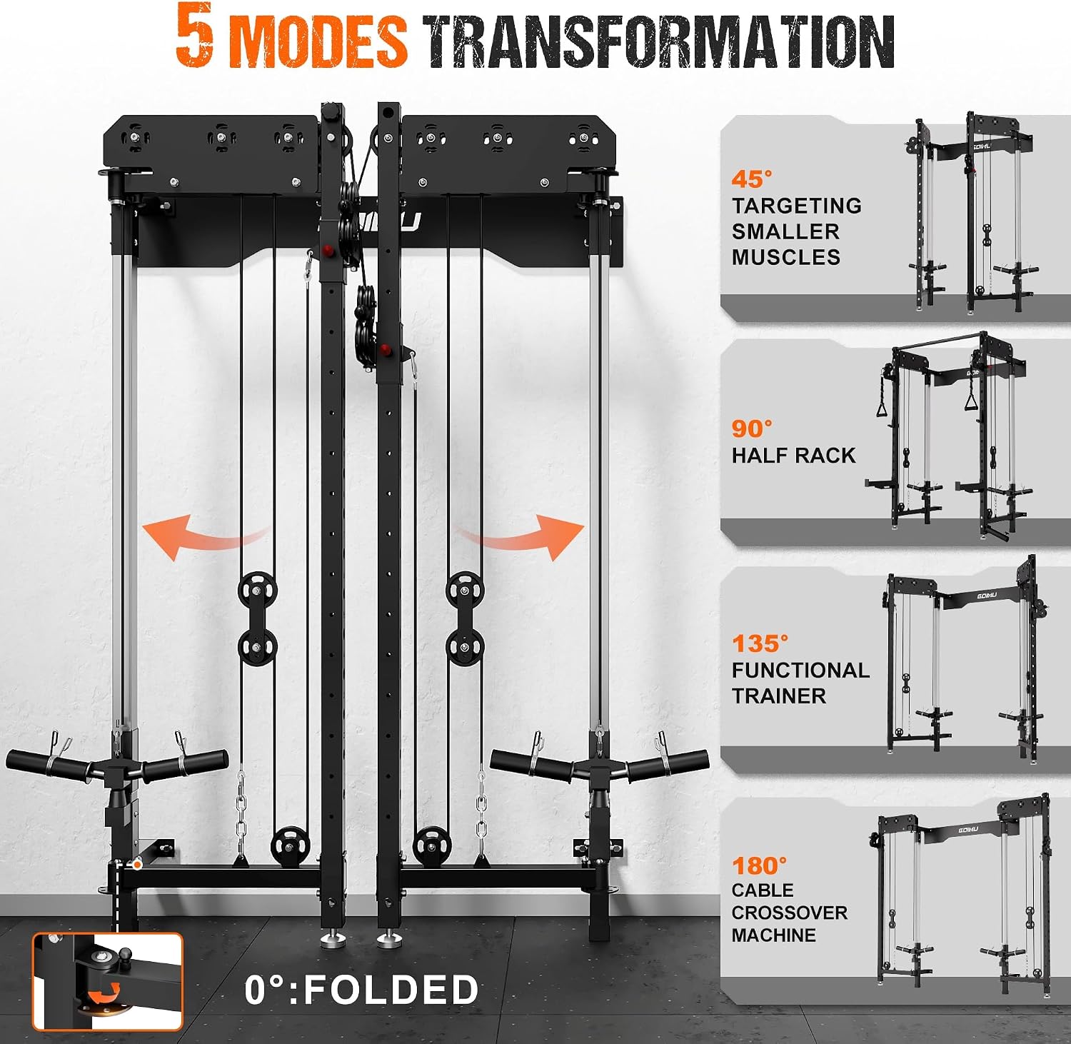 WM3-V4 Folding Squat Rack, Wall Mounted Power Rack with Dual Independent Pulley System, Functional Trainer with 5 Adjustable Function Modes for Space Saving - Image 3