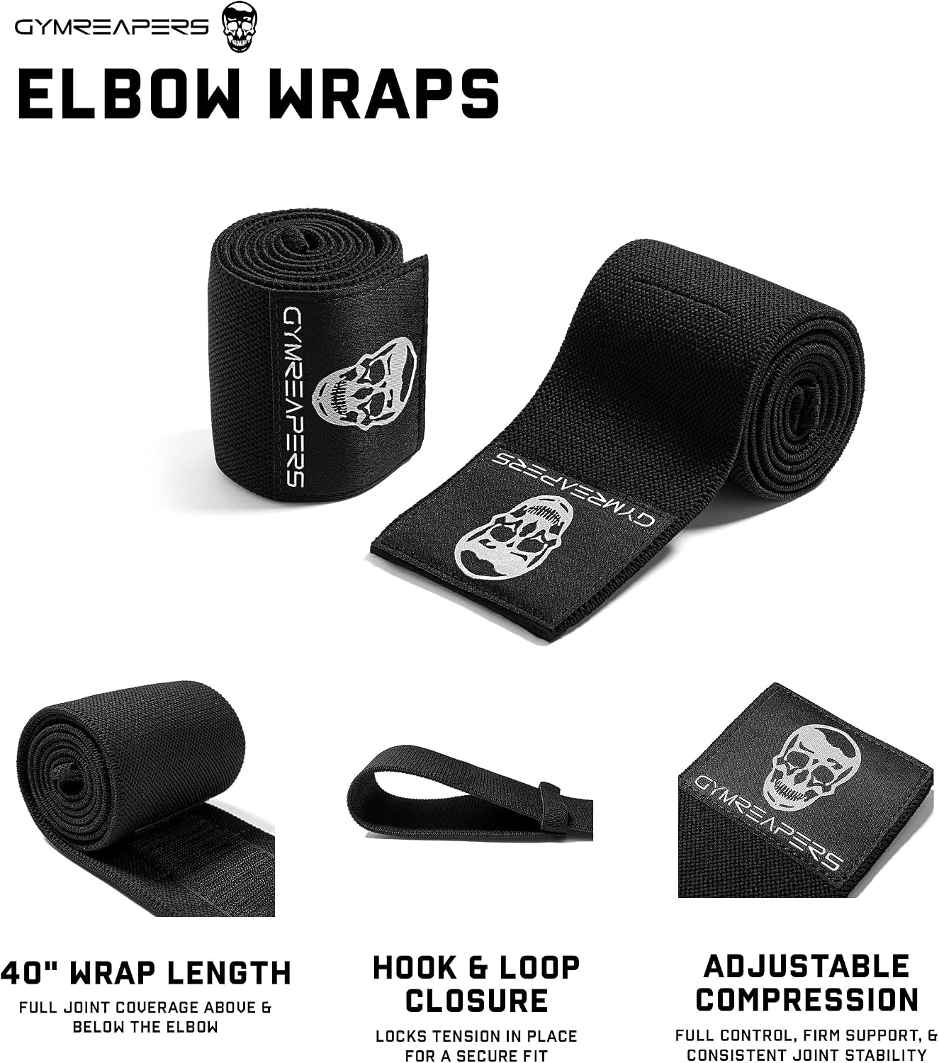 Gymreapers Weightlifting Elbow Wraps (1 Pair) - Flexible 40'' Elbow Compression Strap & Joint Support Brace - for Bench Press, Powerlifting, and Pressing - Image 2