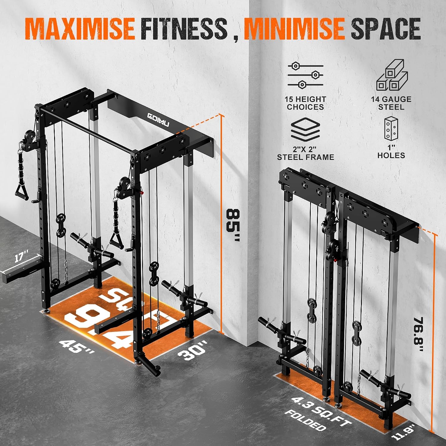 WM3-V4 Folding Squat Rack, Wall Mounted Power Rack with Dual Independent Pulley System, Functional Trainer with 5 Adjustable Function Modes for Space Saving - Image 2