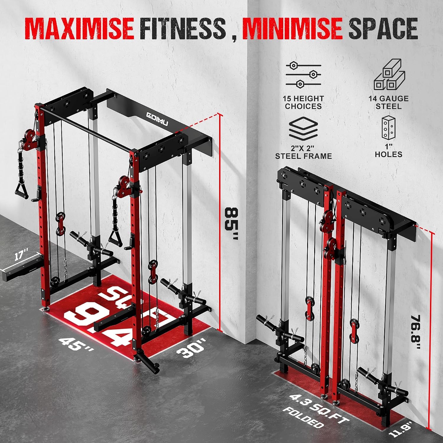 WM3-V4 Folding Squat Rack, Wall Mounted Power Rack with Dual Independent Pulley System, Functional Trainer with 5 Adjustable Function Modes for Space Saving - Image 2
