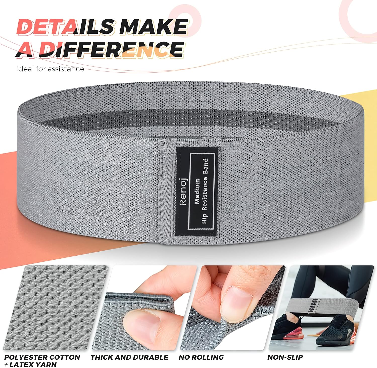 Renoj Resistance Bands for Working Out: 3-Set Professional Exercise Bands for Pilates, Yoga, Home Gym, Booty, Leg Training | Heavy/Medium/Light Fabric Loops for Women Men - Image 5