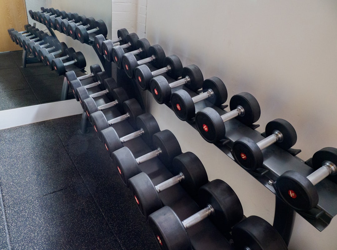 black and gray dumbbells on black bench